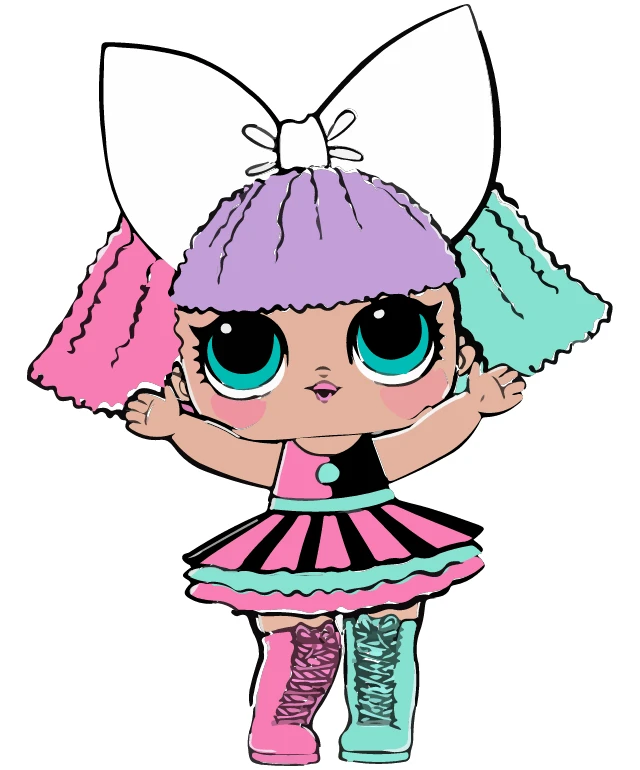 Colorful Cartoon Character with Pink and Purple Hair and Bow