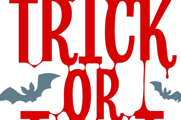 Halloween themed text and bat illustrations.