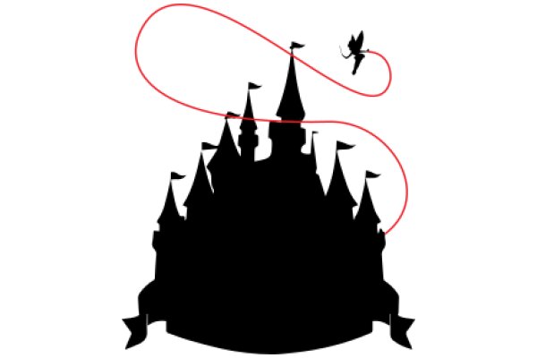 A Silhouette of a Castle and a Tinkerbell Figure, with a Red Rope and a Small Flag, against a White Background.