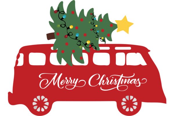 Merry Christmas: A Festive Illustration of a Van with a Christmas Tree on Top