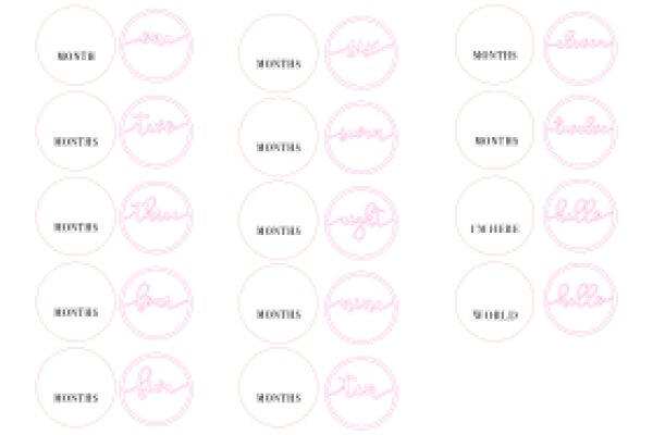 A Collection of Pink Circles with Month Names and the Word 'Here' in Different Styles