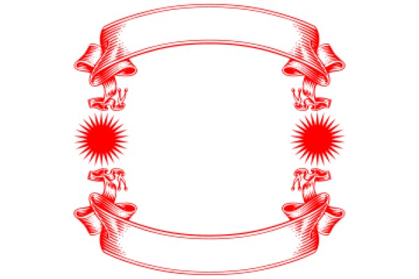 Elegant Red Artwork: A Curved Line with Floral Designs and Sunburst Accents