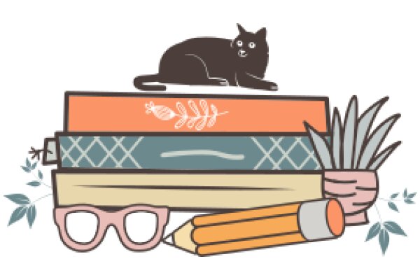 A Whimsical Scene of a Cat on Top of a Stack of Books and Items