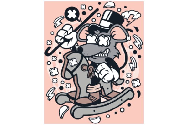 Whimsical Illustration: A Playful Scene of a Mouse in a Top Hat, Surrounded by Bubbles and a Cane, Amidst a Backdrop of Pink and Black.