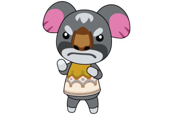 A Cute Cartoon Character: A Grey and Pink Eared Monster with a Brown Nose and a Yellow Vest.