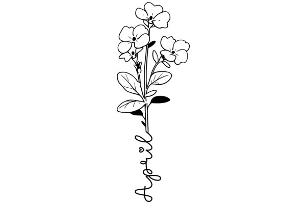 A Delicate Line Drawing of a Flower Stem with Three Blossoms