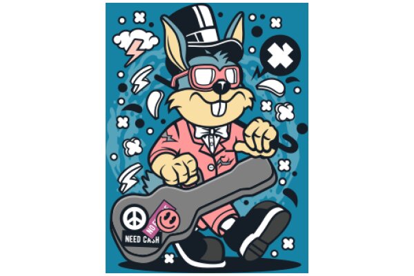 Whimsical Adventures: A Stylish Rat in a Pink Suit and Hat, Playing a Guitar with a Peace Sign Sticker, Amidst a Blue Background with Playful Elements