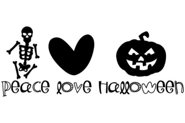 Halloween-themed Graphic with a Skeleton and a Pumpkin, accompanied by the text 'Peace Love Halloween'.