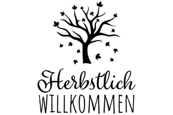Herbstlich Willkommen: A Silhouette of a Tree with Fall Leaves and the German Phrase 'Autumn Welcome' in a Stylish Script