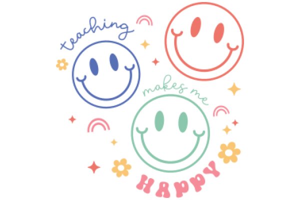 Happy Teaching: A Collection of Smiling Emojis and the Word 'Teaching' in a Playful, Colorful Design