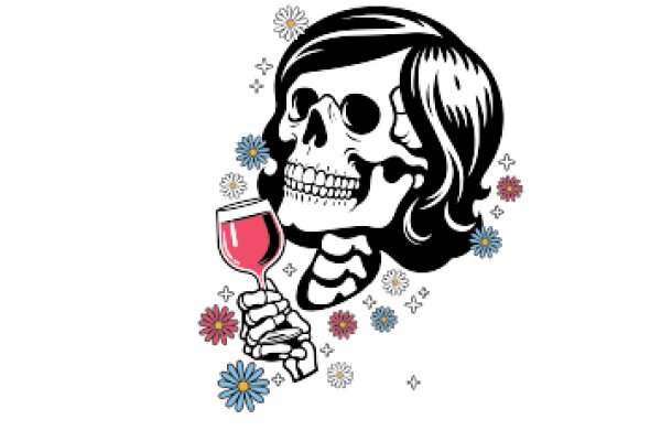 A Whimsical Illustration of a Skull Holding a Wine Glass, Surrounded by Flowers and Stars