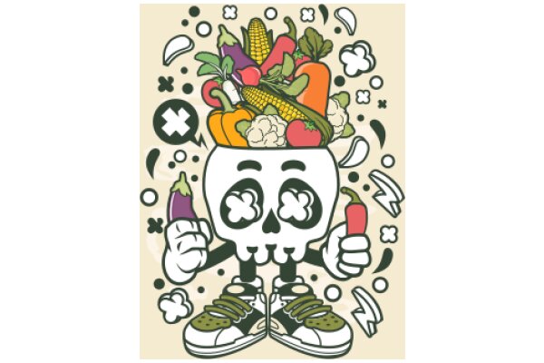 Vibrant Veggie Delight: A Whimsical Illustration of a Skull-like Character Surrounded by a Colorful Array of Fresh Produce and Shoes