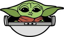 A Cute Cartoon of a Green Alien in a Silver Bowl, Smiling and Holding a Red Scarf