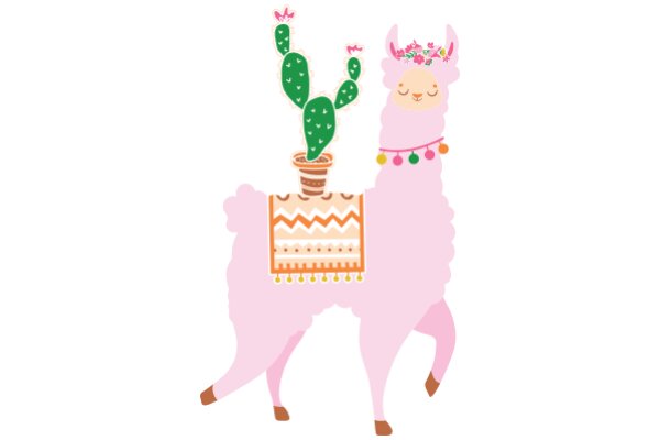 A Whimsical Scene of a Pink Llama Carrying a Cactus in a Pot with a Flower Crown