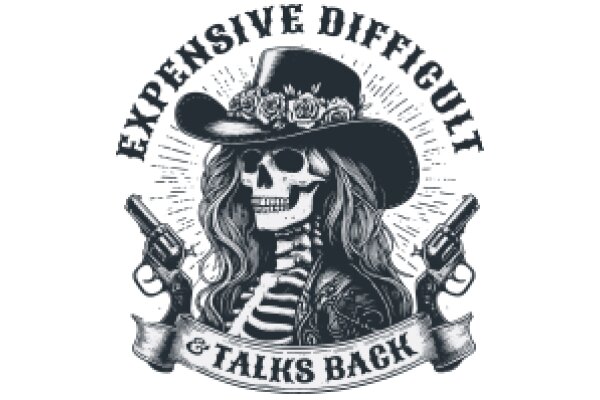 The Art of Expensive Difficulty: ASkull in a Cowboy Hat, Surrounded by a Gun and a Rose, with a Banner that Reads 'Expensive Difficulty & Talks Back'.
