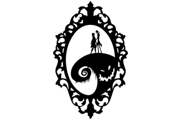 A Silhouette of a Couple Embracing on a Swirling Seashell, Framed by an Ornate Border
