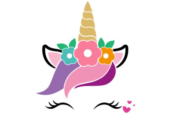 Whimsical Unicorn Head with Flower Crown and Eyelashes