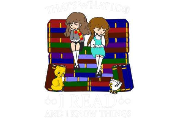 A Cozy Reading Nook: A Cartoon Illustration of a Girl, a Cat, and a Cup of Tea