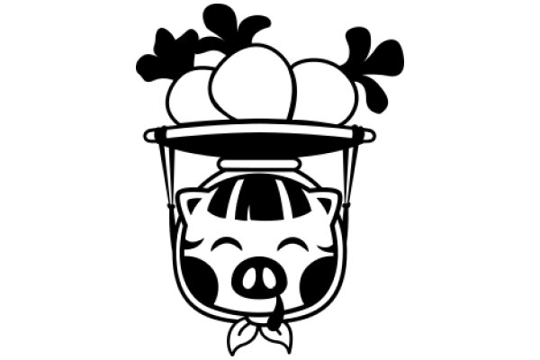 A Whimsical Illustration of a Cat-like Character with a Basket of Fruit on Its Head