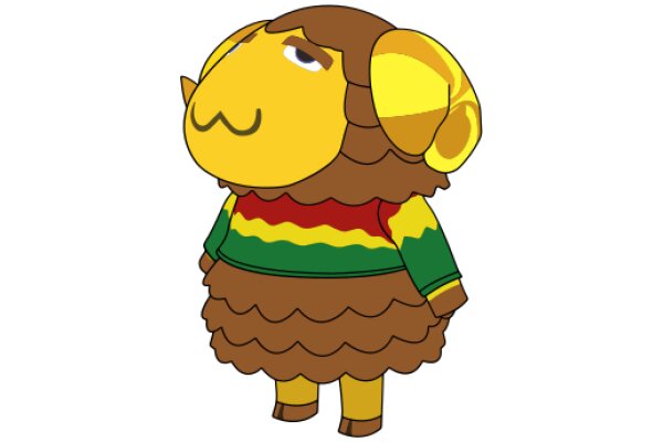 A Whimsical Character: A Yellow, Brown, and Red Creature with a Smile and Horns
