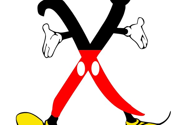 Mickey Mouse in a classic pose, arms and legs spread wide, with iconic red shorts and yellow shoes.