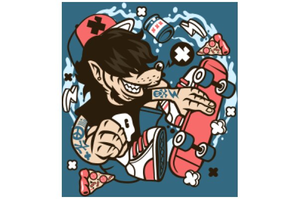 A Playful Cartoon of a Skateboarder with a Pizza, Surrounded by a Variety of Items