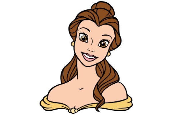 A Whimsical Portrait of a Smiling Woman with a Yellow Blouse and a Bun Hairstyle