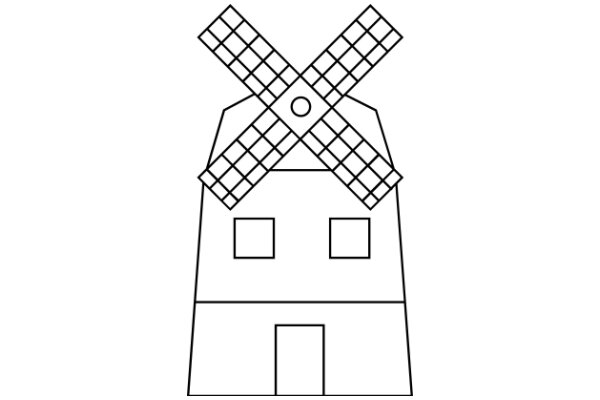 A Simple Line Drawing of a Windmill and House