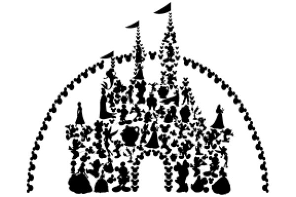 A Silhouette of a Castle Surrounded by a Crowd of Silhouetted People and Flags