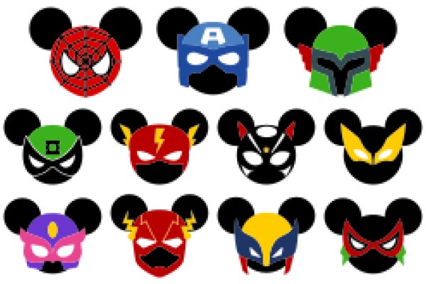 A Collection of Stylized Superhero Masks and Mickey Mouse Ears