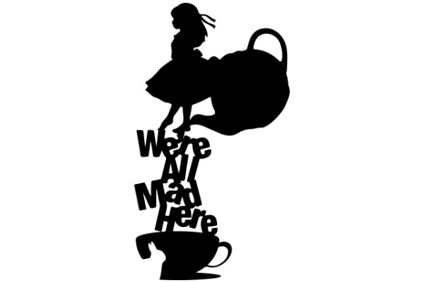 A Silhouette of a Tea Set and a Dancer, with the Phrase 'We're All Mad Here' Below Them