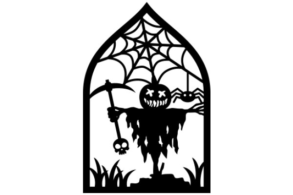 Whimsical Halloween Decoration: A Spooky Spider Web with a Pumpkin-Carved Pumpkin and a Skeleton