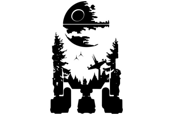 A Silhouette of a Star Wars Scene with Trees, Birds, and a Planet
