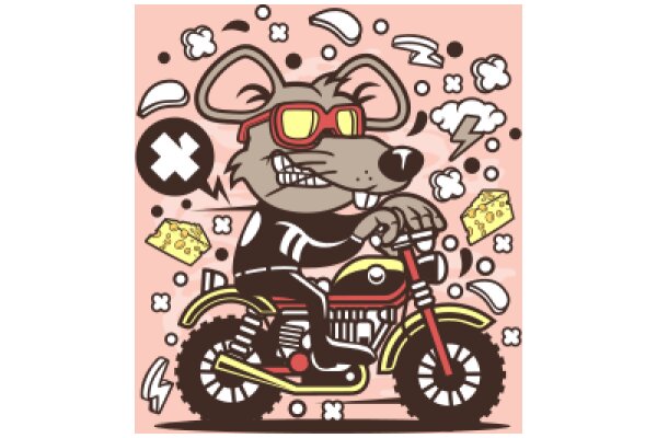 Whimsical Adventures: A Cartoon Rat Rides a Motorcycle Amidst a Playful Chaos of Bubbles and Clouds