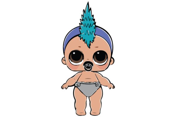 An Adorable Cartoon Character with a Blue Spiky Hair and a Purple Hat, Standing on a White Surface.