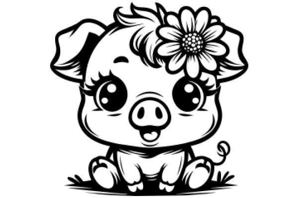 Adorable Cartoon Pig with a Flower in its Hair