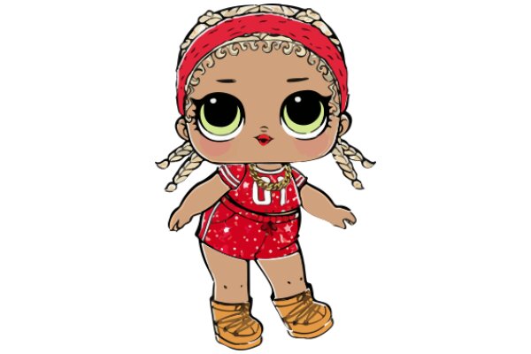Stylish Cartoon Character: A Fashionable Doll with a Red Headband and Red Shorts, Accessorized with a Necklace and Brown Boots.