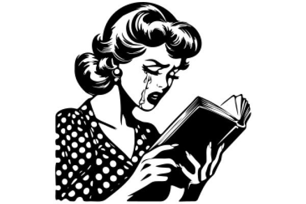 A Classic Illustration: A Woman in a Polka Dot Dress Reading a Book with Tears in Her Eyes