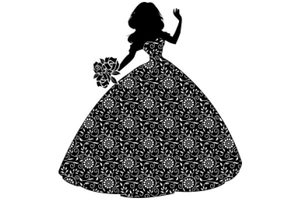Elegant Silhouette of a Woman in a Floral Dress with a Bouquet of Roses