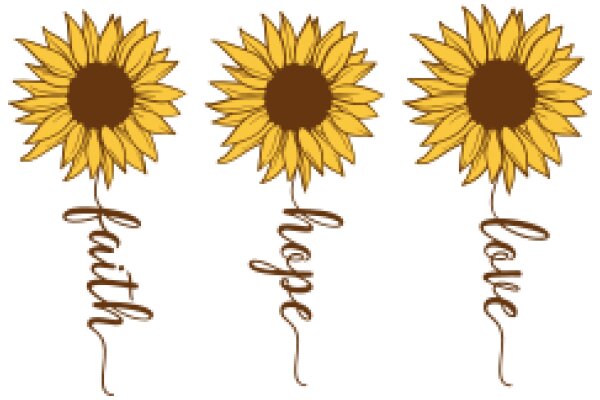 Four Illustrations of Sunflowers with the Words 'Faith', 'Hope', and 'Love' Inscribed Below Them