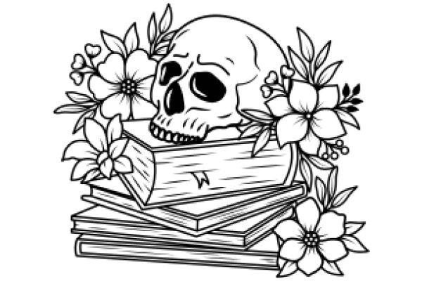 A Whimsical Illustration of a Skull Resting on a Stack of Books with Floral Accents