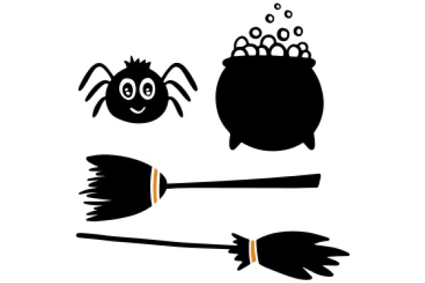 A Playful Collection of Icons: A Spooky Spider, a Whimsical Witch's Hat, and a Mischievous Broom