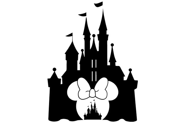 A Silhouette of a Castle and Bow, with a Town and Flag in the Background.