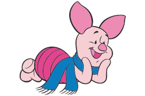A Pink Piglet with a Blue Scarf, Smiling and Posing for the Camera