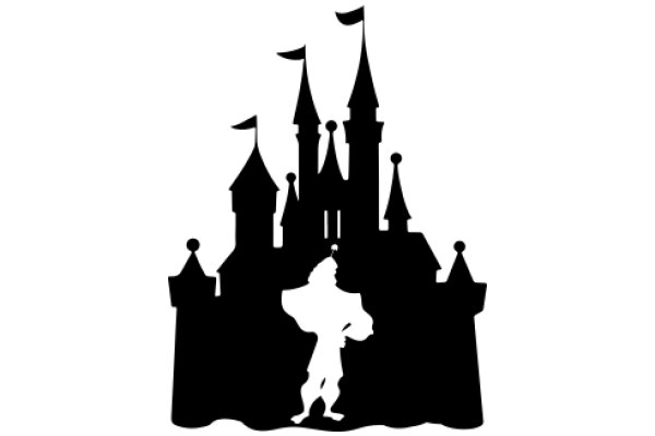 Silhouette of a Castle and a Figure, with Flags and Towers