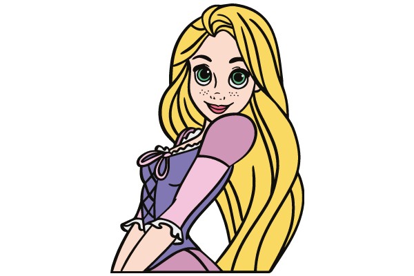 A Stylized Illustration of a Blonde Character with a Purple Dress and Pink Ruffles