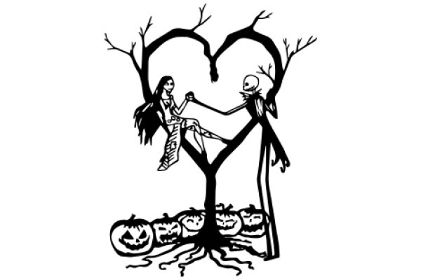 A Silhouette of a Girl and a Skeleton in a Heart-Shaped Tree, Surrounded by Pumpkins