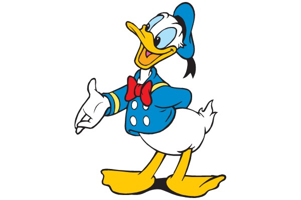 Duck in a blue sailor suit with a red bow tie.