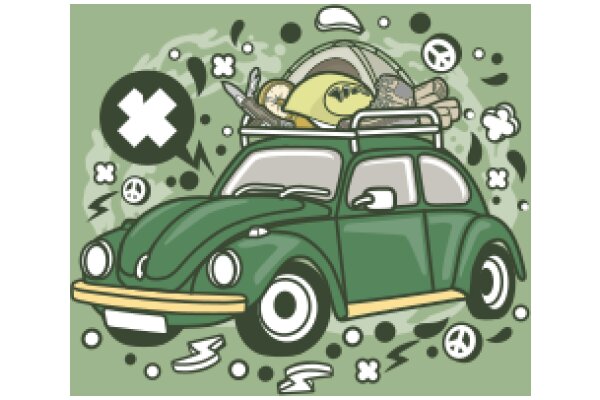A Vintage Green Volkswagen Beetle with a Surfboard, a Peace Sign, and a Camping Gear, all set against a backdrop of a beach and a sunset.