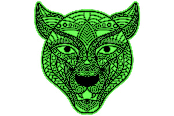 Vibrant Green Tattoo Design: Stylized Animal Face with Intricate Patterns